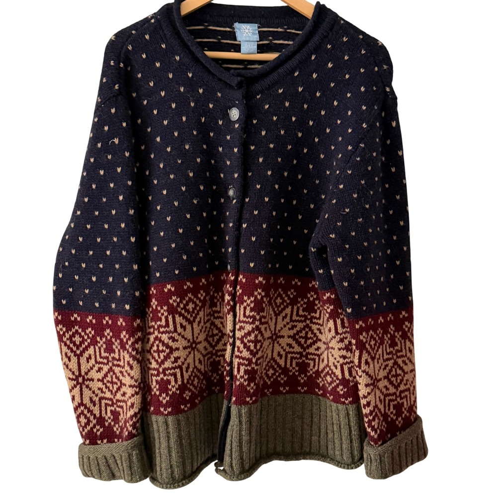 Frost Button Up Cardigan Womens XL Navy Blue Excellent 100% Shetland Wool Nordic